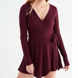 Urban Outfitters Burgundy Long Sleeve Wrap Romper